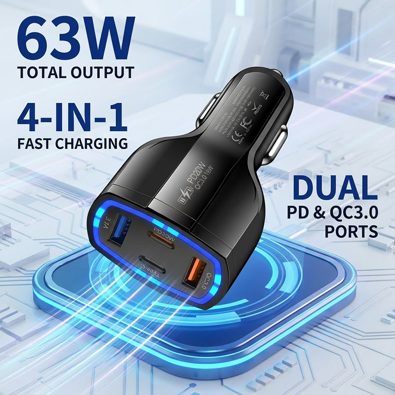 Type C Multiport Adapter - Cargador de coche multipuerto de 63W